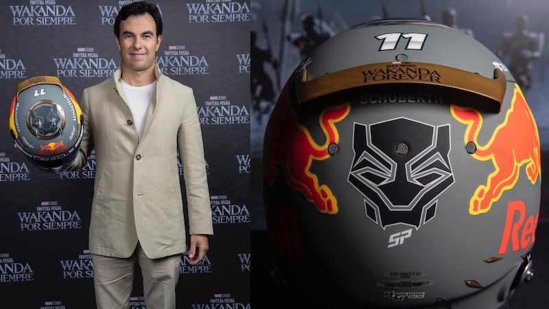 Checo Pérez muestra su casco con diseño de Black Panther