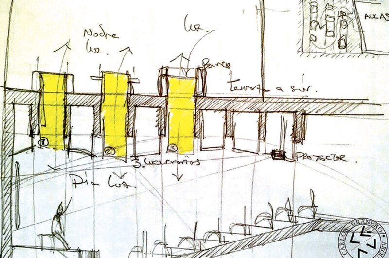 Boceto de un posible plano de iluminación para una obra de teatro