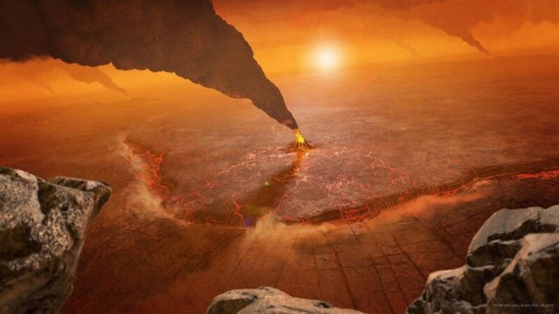 Una ilustración de una erupción volcánica en Marte