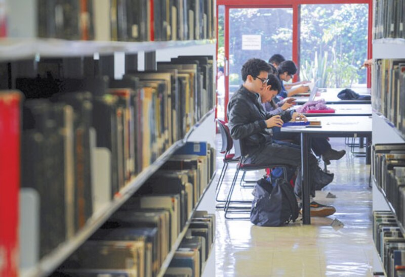 Estudiantes universitarios trabajando en la biblioteca