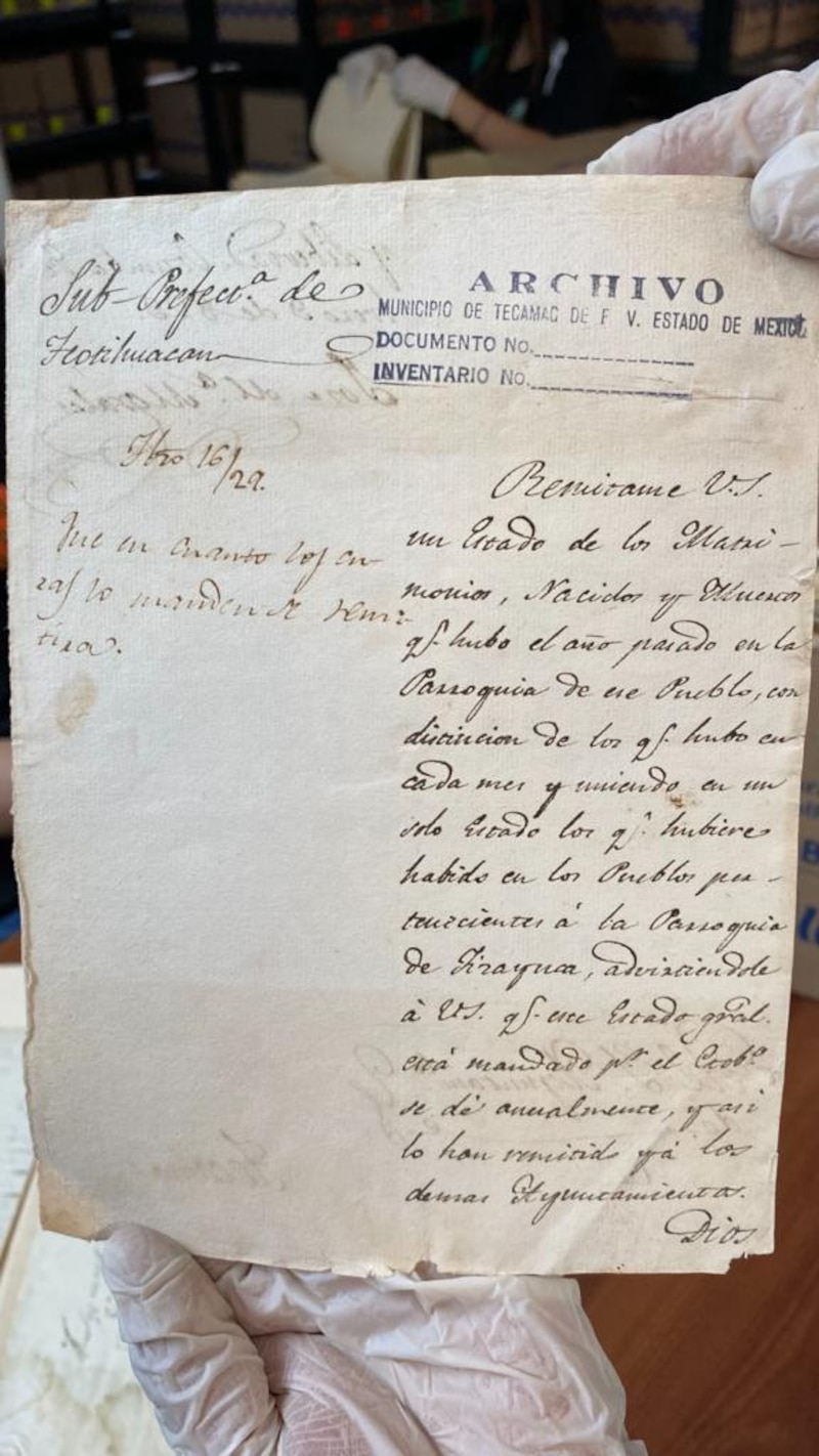 Documento original del siglo XIX resguardado en el Archivo Municipal de Tecámac, parte del acervo histórico del bicentenario.