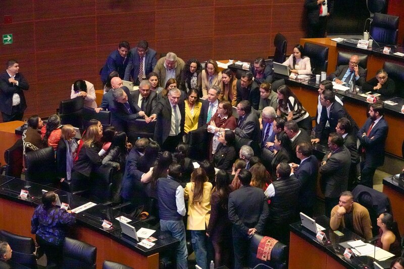 Los senadores de Morena encabezados por su coordinador Adán Augusto López durante la sesión para elegir a la nueva titular de la Comisión Nacional de Derechos Humanos.