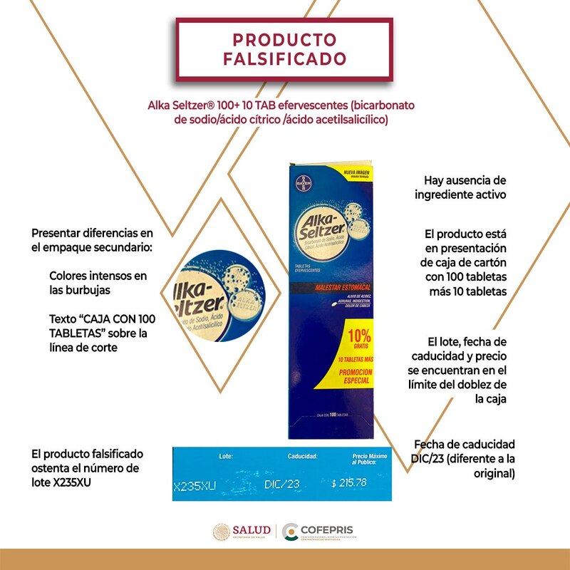 Alerta COFEPRIS sobre producto falsificado Alka Seltzer 100+ 10 Tabletas