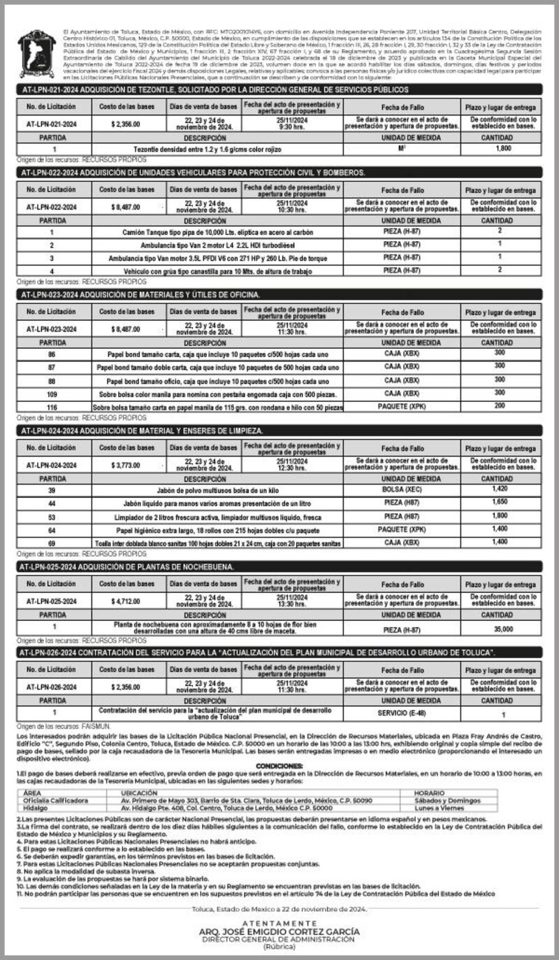 Licitación del Ayuntamiento de Toluca