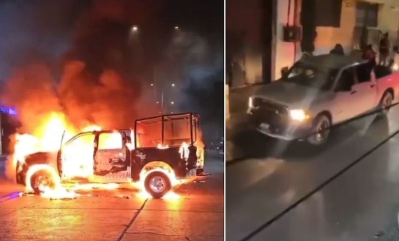 Camioneta incendiada en la carretera