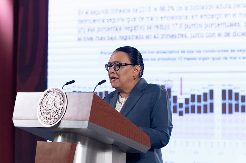 Title: La Secretaria de Gobernación, Olga Sánchez Cordero, durante una conferencia de prensa.