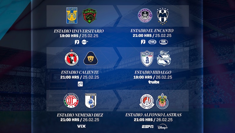 Partidos, fechas, horarios y canales de transmisión de la Jornada 9 del Clausura 2025 de la Liga MX del futbol mexicano.