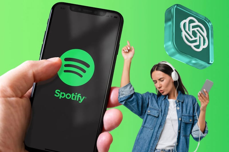 Imagen con un reproductor de Spotify, logo de Chat GPT y una persona escuchando música