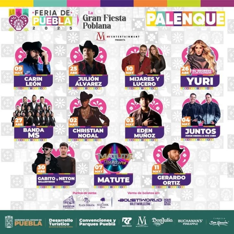 Cartel oficial completo de la Feria de Puebla 2025. Fechas y artistas a presentarse en el Palenque.