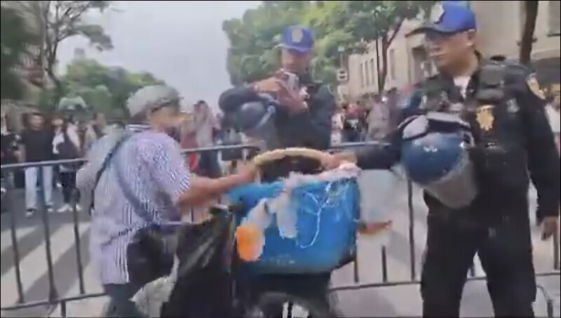 Un vendedor ambulante es detenido por la policía en una protesta
