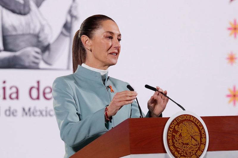 La presidenta de México, Claudia Sheinbaum, participa durante su rueda de prensa matutina este lunes, en Palacio Nacional en Ciudad de México (México).