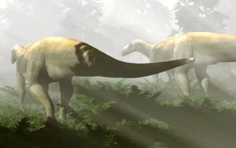 Un grupo de dinosaurios saurópodos camina por un bosque prehistórico