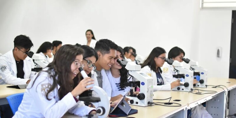 Estudiantes de medicina usando microscopios