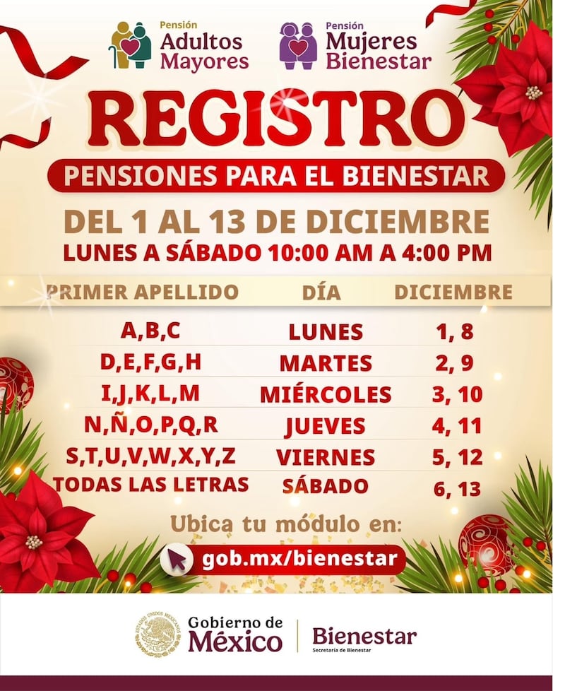 Calendario Pensiones Bienestar El registro se realizará del 1 al 13 de diciembre, de lunes a sábado, en un horario de 10:00 a 16:00 horas