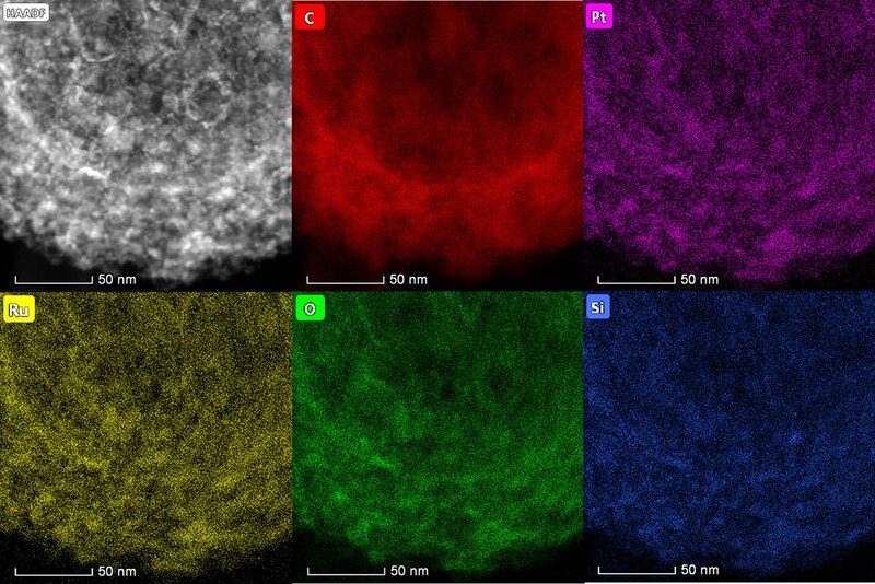 Imagen de microscopía electrónica de barrido de un catalizador de Pt/Ru sobre SiO2