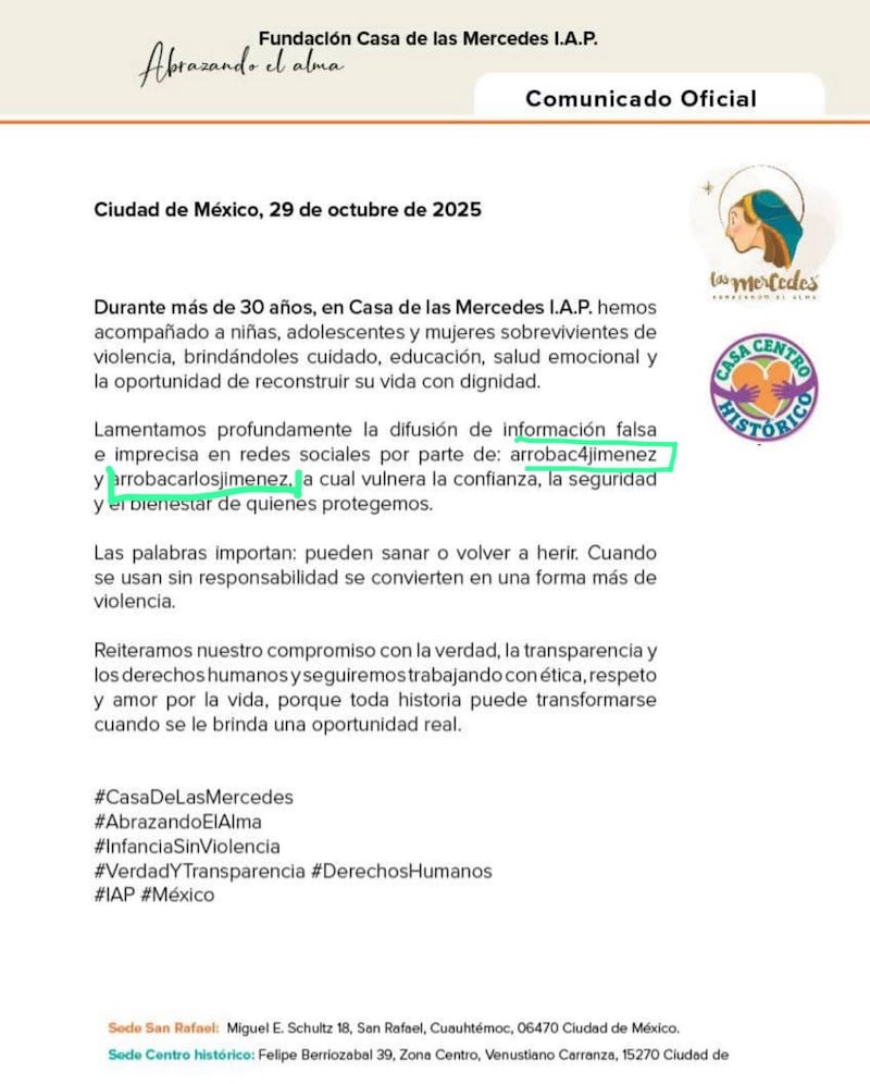 Comunicado Casa de las Mercedes