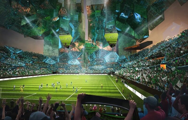 Render del NEOM Stadium en Aarabia Saudita