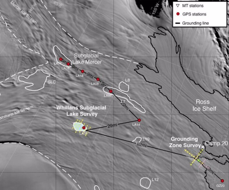 Mapa del lago subglacial Mercer y el lago subglacial Whillans