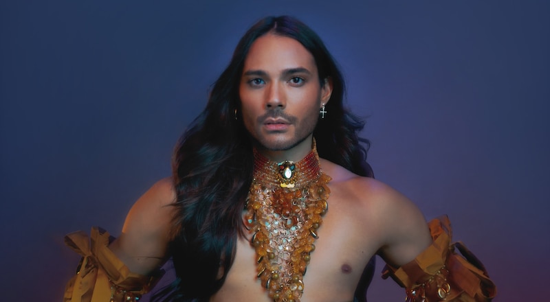 Retrato de un hombre joven con cabello largo y joyas