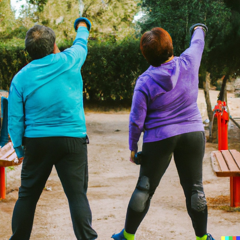 Dos personas mayores haciendo ejercicio en un parque