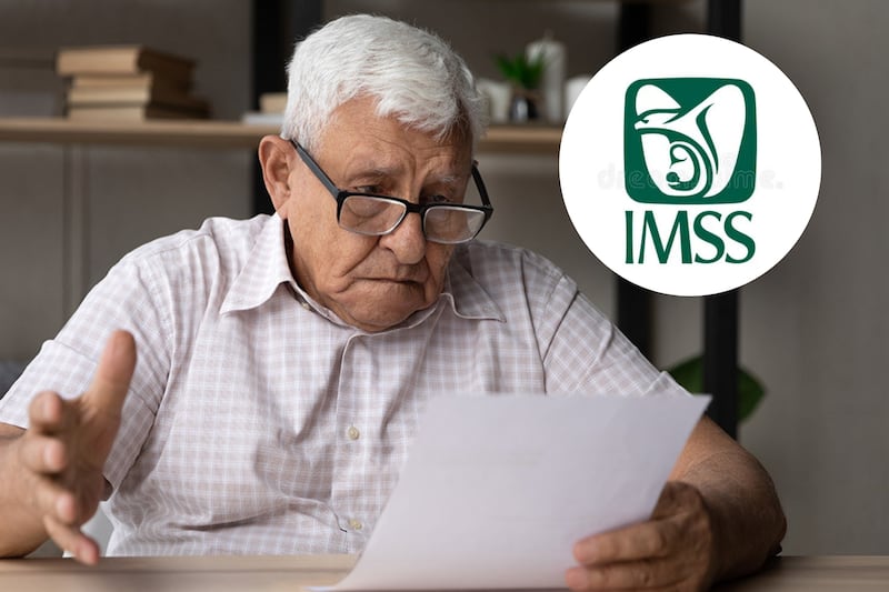 Imagen de un adulto mayor revisando un papel y al lado un logo del IMSS