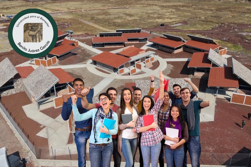 Composición fotográfica que muestra un campus de la Universidad para el Bienestar y estudiantes universitarios