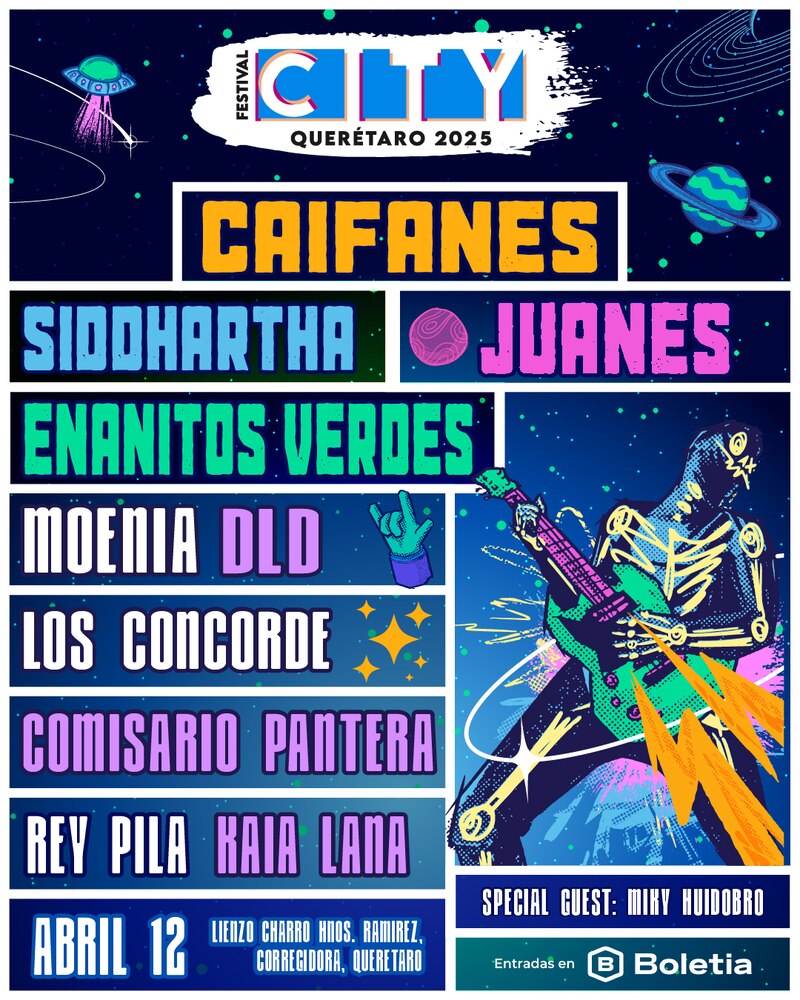 Cartel completo de bandas y artistas que se presentarán en el Festival City este próximo 12 de abril de 2025 en Querétaro.