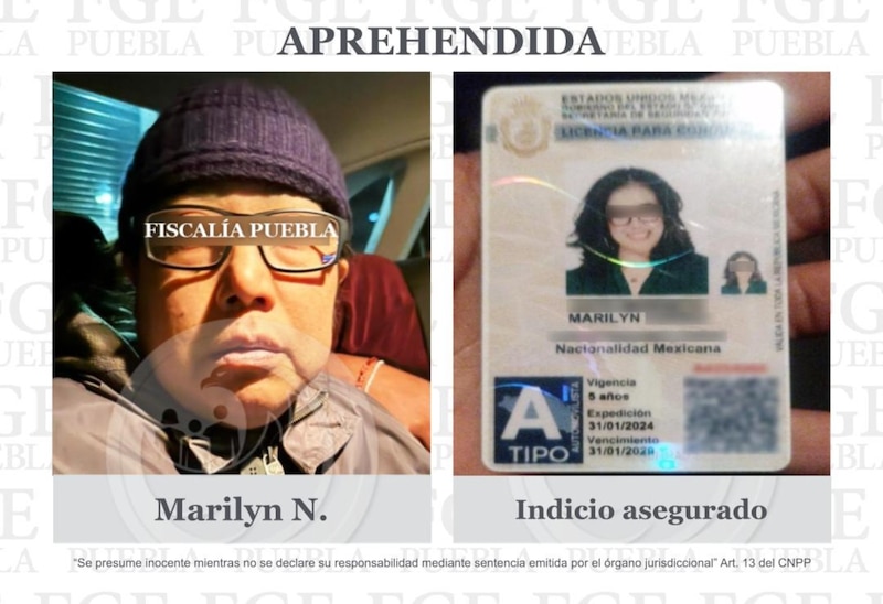 Imagen con la que la Fiscalía del Estado de Puebla informó en sus redes sociales la detención de Marilyn Cote, la supuesta psiquiatra.