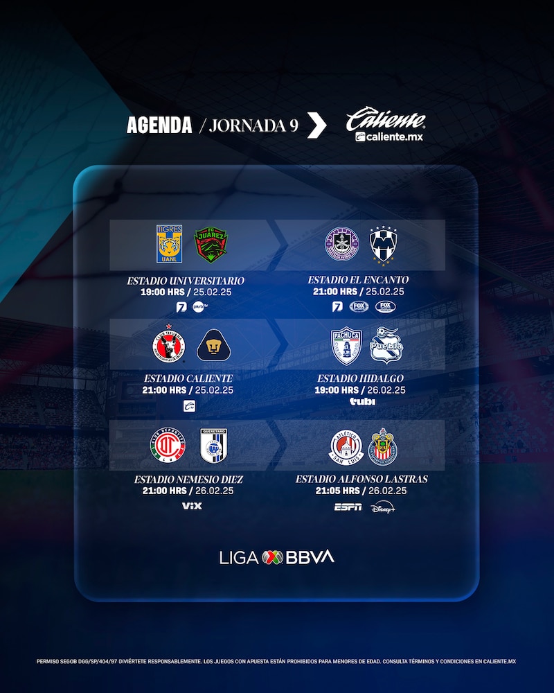 Partidos, fechas, horarios y canales de transmisión de la Jornada 9 del Clausura 2025 de la Liga MX del futbol mexicano.