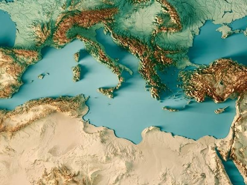 Mapa en relieve del Mar Mediterráneo