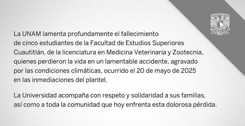 Comunicado oficial de la UNAM ante el fallecimiento de los 5 estudiantes