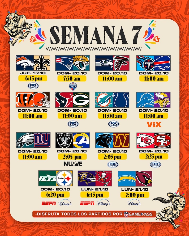 Fechas, partidos, horarios y canales de transmisión para la semana 7 de la NFL 2024.