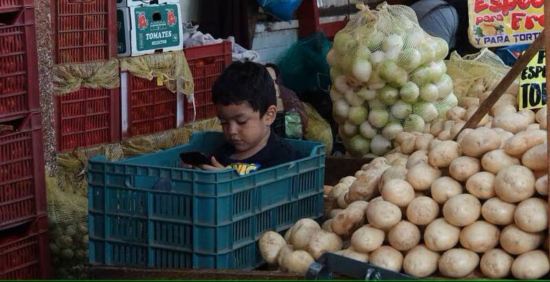 Niño usando celular en mercado