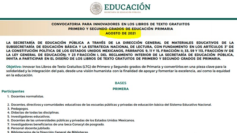 Title: Convocatoria para innovadores en los libros de texto gratuitos de educación primaria