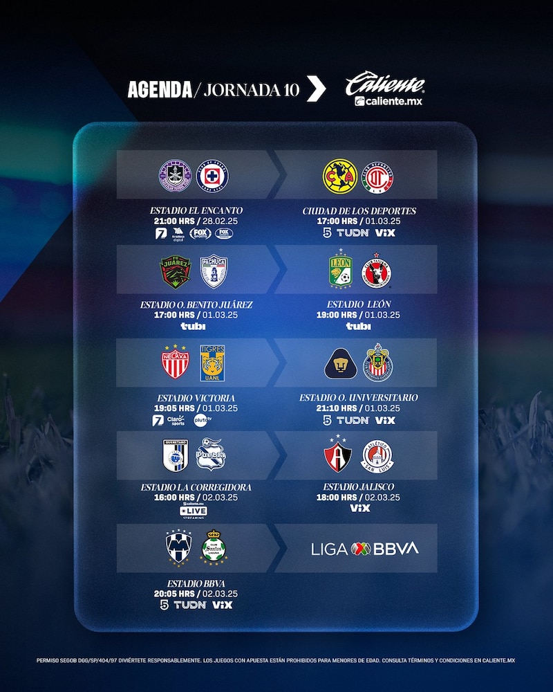 Partidos, fechas y horarios oficiales  de la Jornada 10 del Clausura 2025 de la Liga MX.