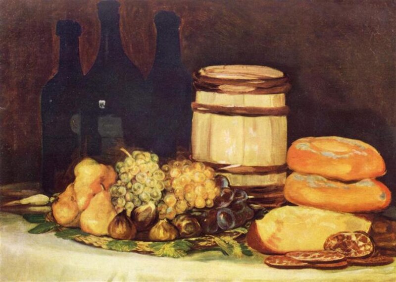 Bodegón con botellas, cesta de frutas y pan
