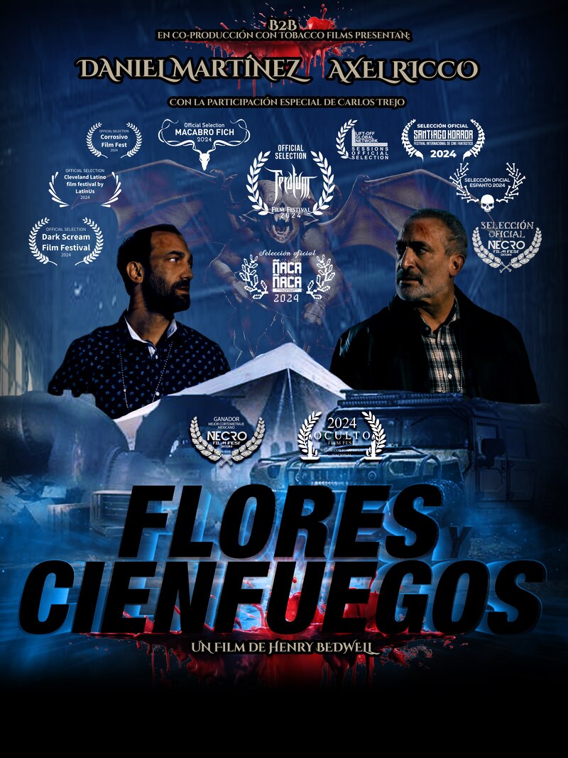 Cartel del cortometraje 'Flores y Cienfuegos', horror y comedia dirigida por Sandra Becerril y Henry Bedwell.