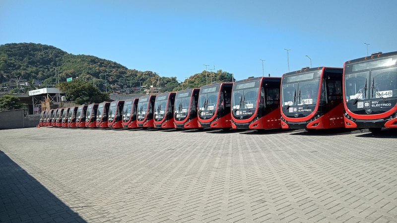 Autobuses eléctricos en fila