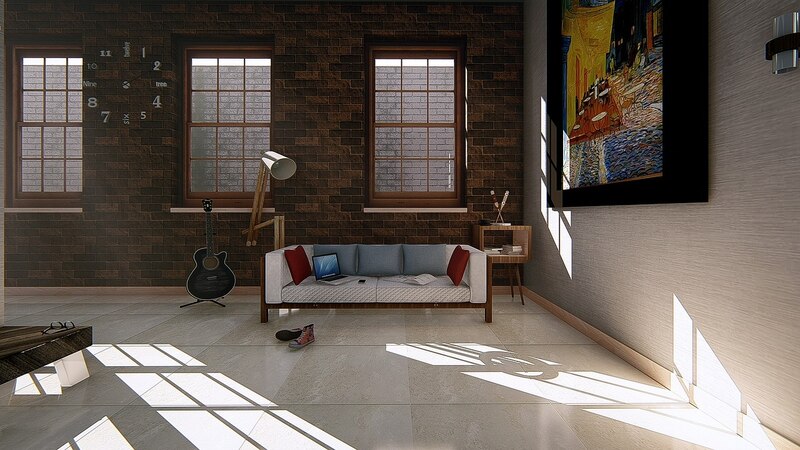 Sala de estar moderna con sofá, guitarra y cuadro