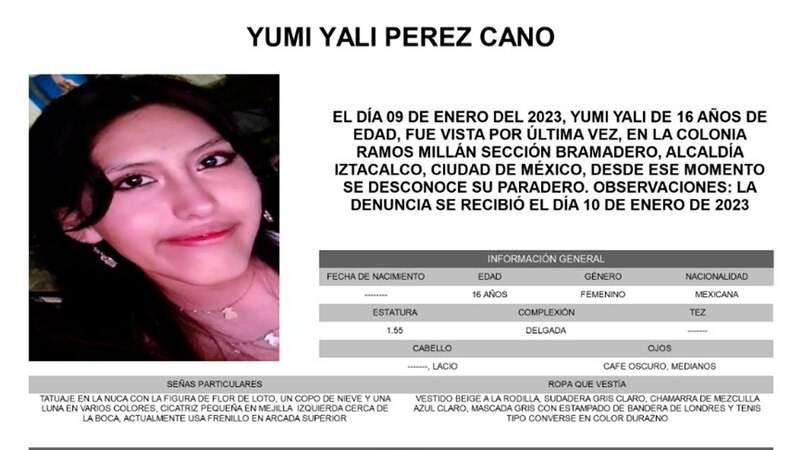 Title: Yumi Yali Perez Cano, 16 años, desaparecida en la colonia Ramos Millán, alcaldía Iztacalco