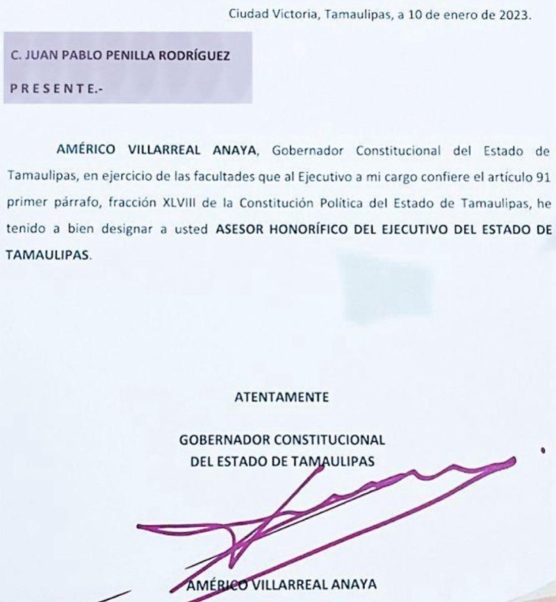 El supuesto documento en el que el gobernado Américo Villareal designa a Juan Pablo Penilla como asesor honorífico del ejecutivo estatal.