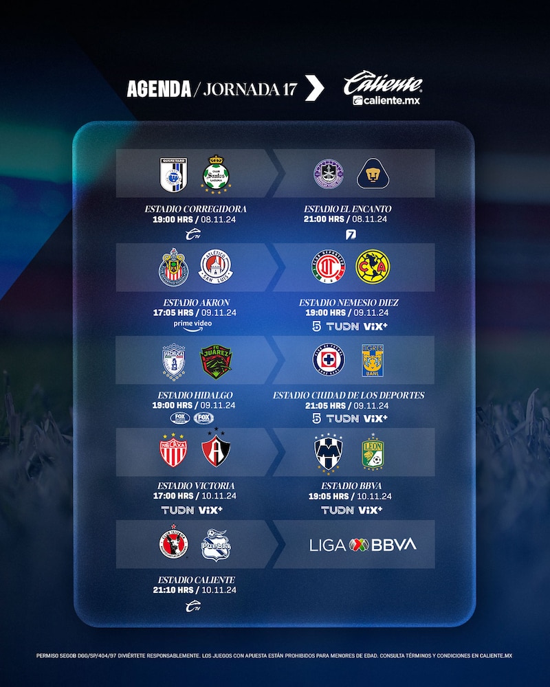 Partidos, fechas, horarios y canales de transmisión de la jornada 17 del Apertura 2024 de Liga MX-