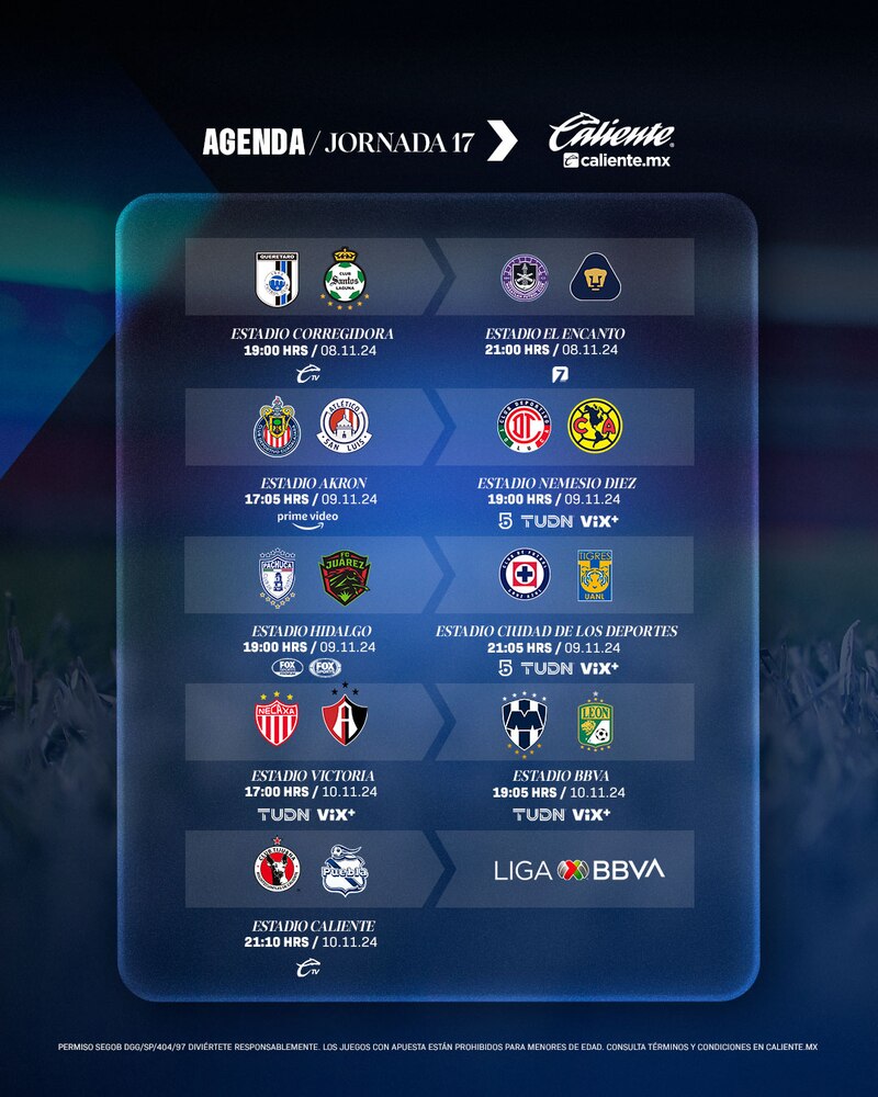 Partidos, fechas, horarios y canales de transmisión de la jornada 17 del Apertura 2024 de Liga MX-