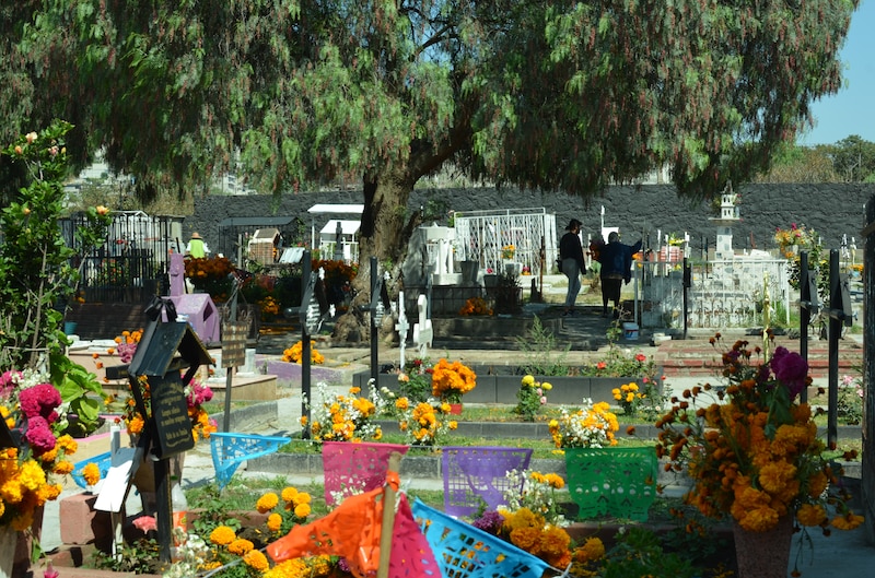 Ofrenda del Día de Muertos en un cementerio mexicano