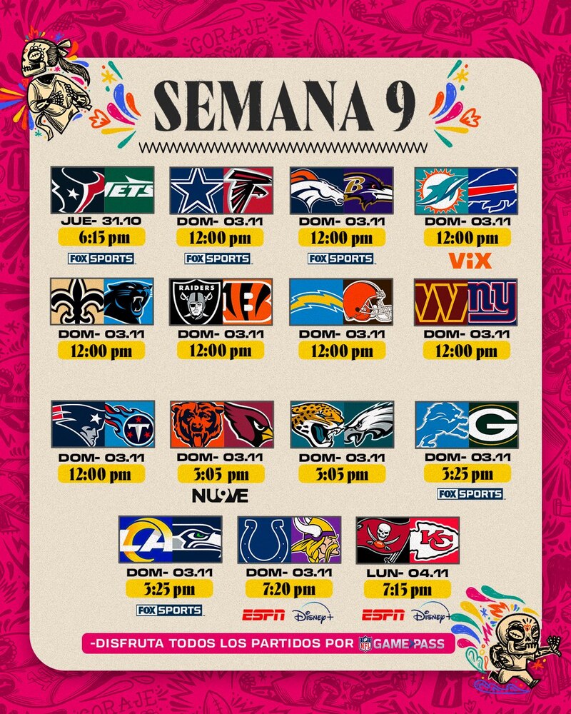 Partidos, fechas y horarios de la semana 9 de la NFL temporada 2024.