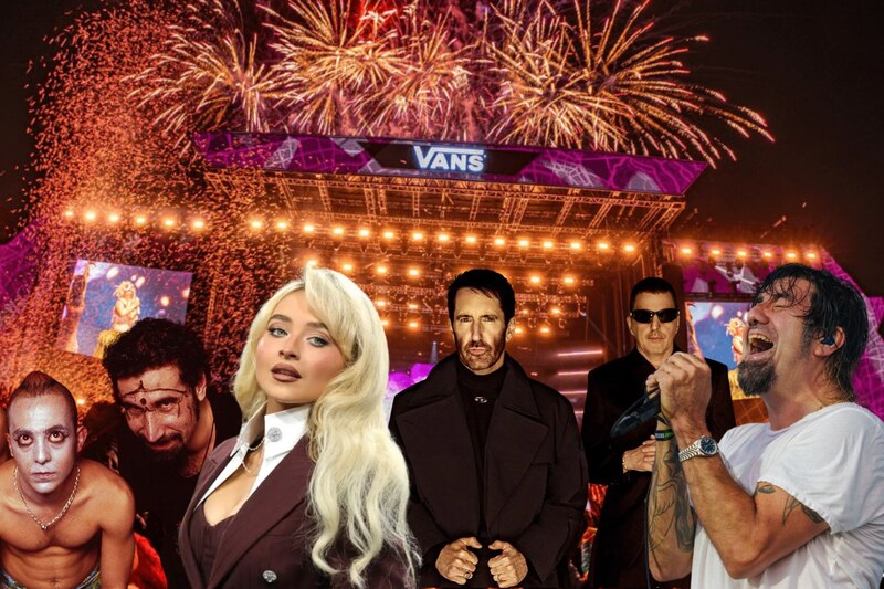 Composición fotográfica que muestra un escenario del Corona Capital y las bandas Nine Inch Nails, System of a Down, Sabrina Carpenter y Deftones