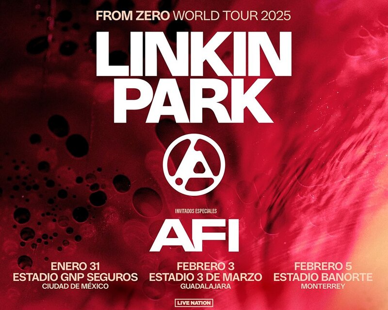 Cartel oficial que anuncia los conciertos de Linkin Park en México para 2025 en Ciudad de México, Guadalajara y Monterrey.