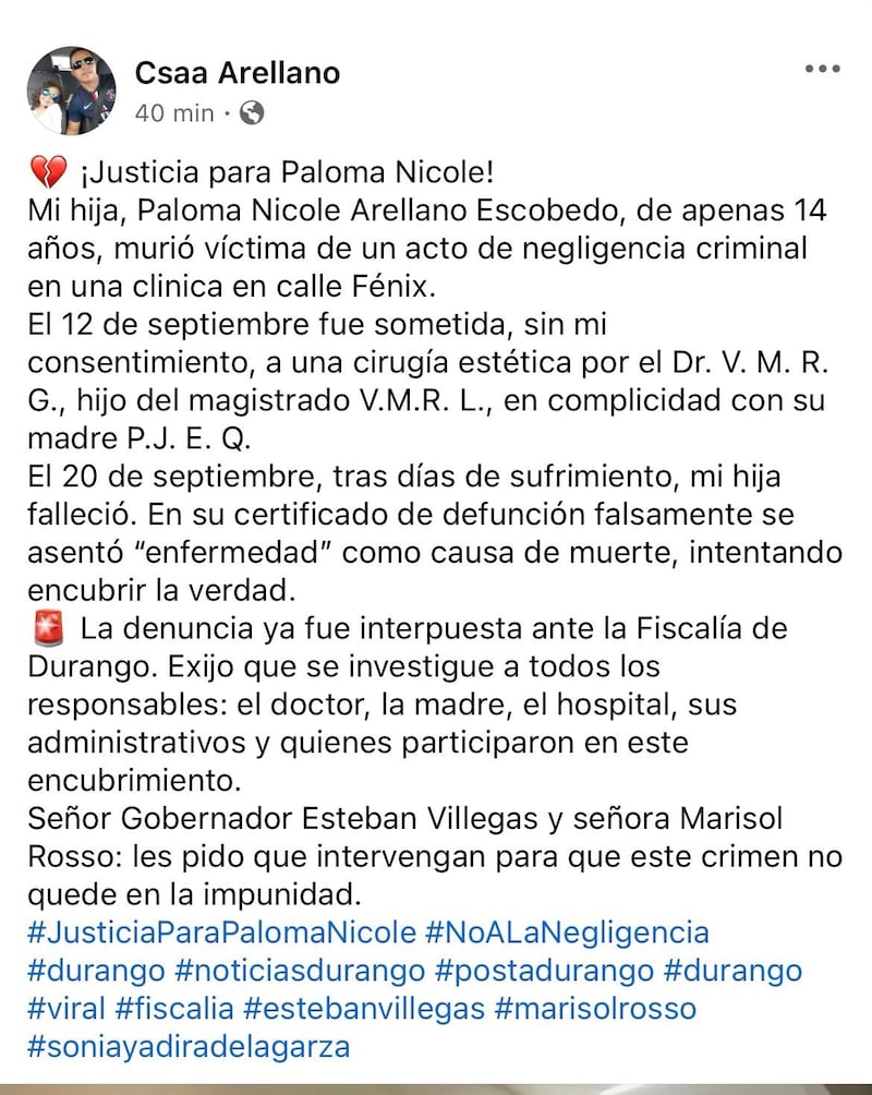 El padre de la menor de edad asegura que asistió a la Fiscalía del estado de Durango para pedir que se investigue la muerte de Paloma Nicole por negligencia médica.