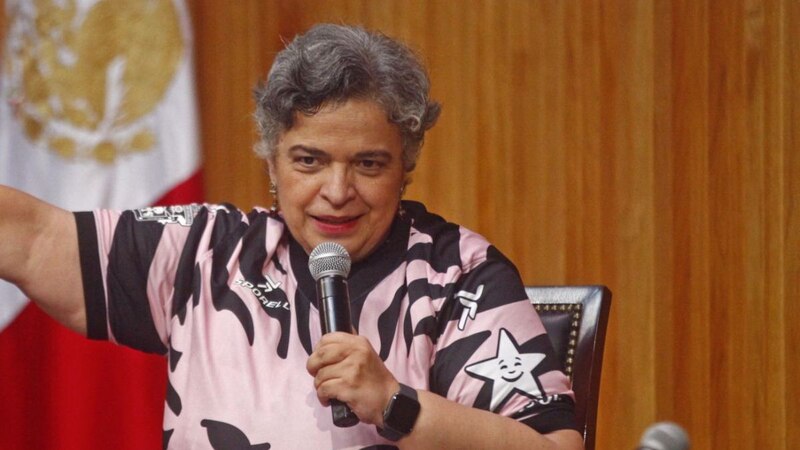 La Secretaria de Educación Pública, Leticia Ramírez, durante una conferencia de prensa.