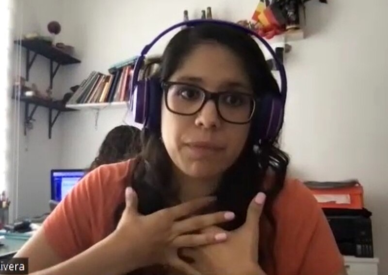 Profesora explica un tema en una videoconferencia